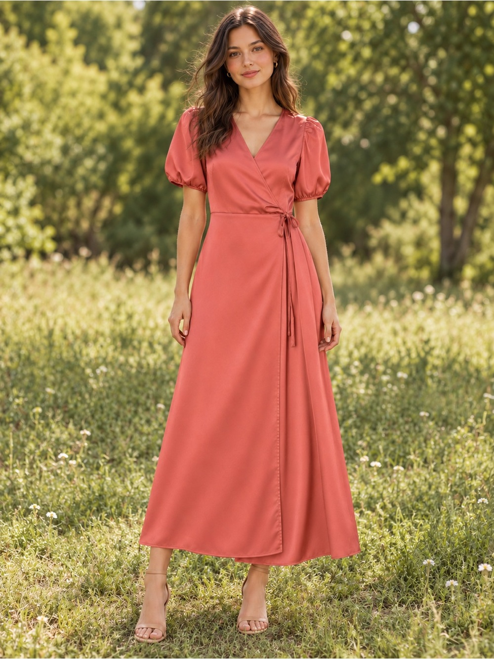 NWT New Express Satin Puff Sleeve Belted Wrap Maxi Dress Size S